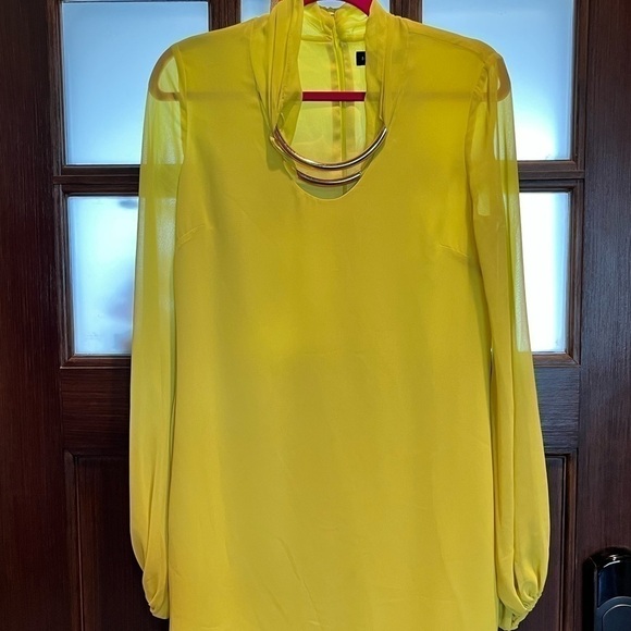 Bright bold lemon yellow tunic dress-metallic Art Deco neckline size small - Picture 1 of 8